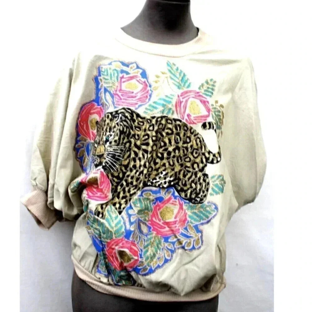 Vtg 1980s 1990s Retro Tan Suzy Phillips PUPPY FOAM Cheetah T-Shirt Blouse